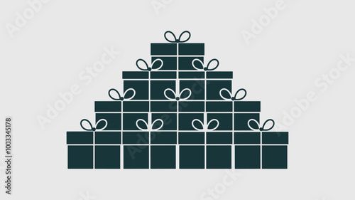 A festive display of monochromatic gift boxes stacked in a pyramid shape, each box wrapped with care and topped with a delicate bow, conveying a sense of anticipation and excitement.