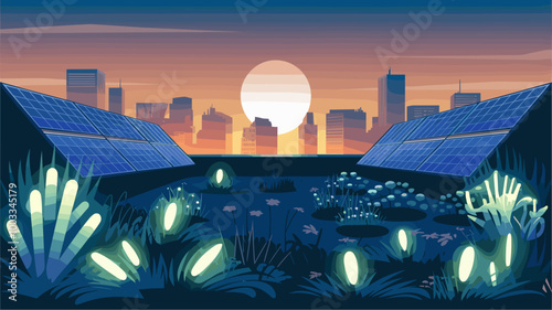 Dramatic rooftop garden with solar panels at sunset, bio-luminescent plants glowing.