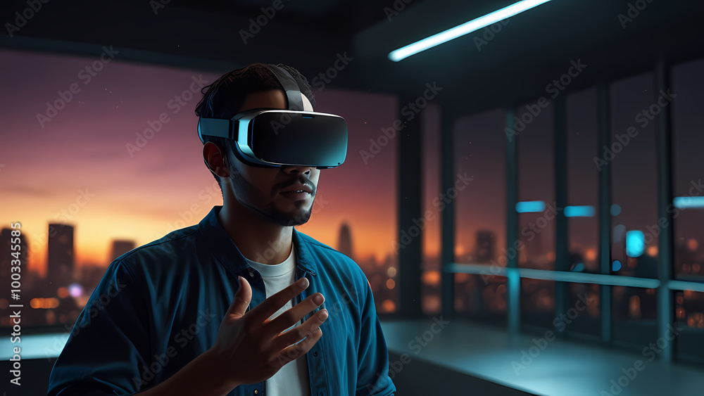 scene where someone is fully immersed in a virtual reality (VR) experience scene where someone is fully immersed in a virtual reality (VR) experience