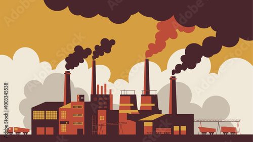 Stylized illustration of industrial landscape with factories and smokestacks.