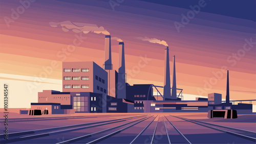 Sprawling industrial factory at dusk with smoking smokestacks.