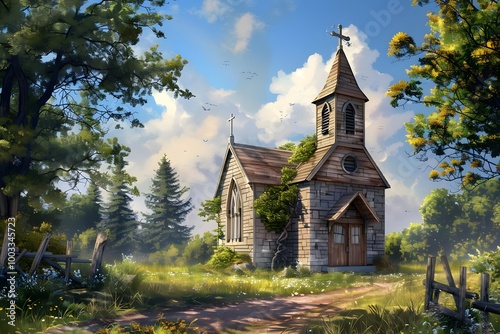 Stone Church Illustration with Trees, Cloudy Sky, and a Path