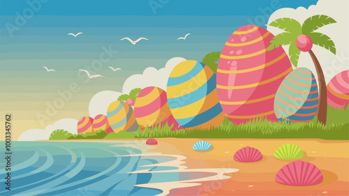 Surreal giant Easter eggs on a beach, waves gently washing over brightly colored shells.