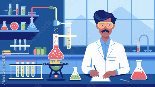 Lab experiment with Bunsen burner, test tubes, and reactions, with a scientist taking notes.