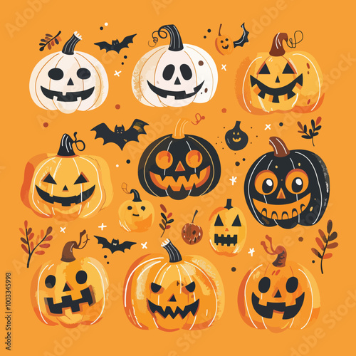 Flat lay design of Hand drawn halloween pumpkin collection, Halloween elements, Happy Halloween
