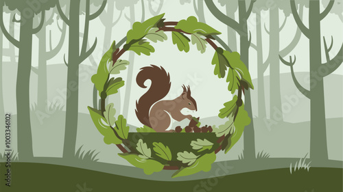 Circular frame of intertwined leaves showcasing squirrel gathering acorns.