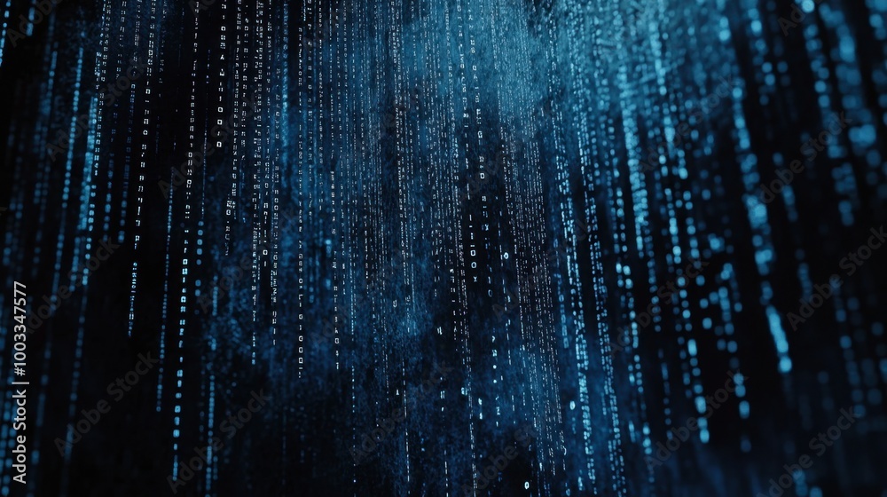 Blue binary code cascading down a dark background, representing a digital matrix. Blue binary code cascading down a dark background, representing a digital matrix.