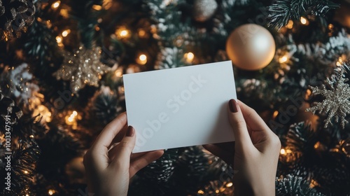 A blank white card held against a backdrop of festive Christmas decorations and twinkling lights during the holiday season