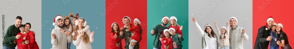 Set of happy families with Christmas sparklers on color background Set of happy families with Christmas sparklers on color background