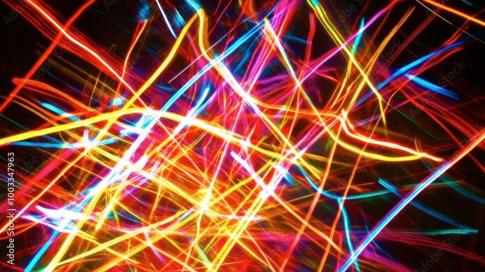 Bright neon light streaks crisscrossing over a black background, creating an energetic abstract pattern. Bright neon light streaks crisscrossing over a black background, creating an energetic abstract pattern.
