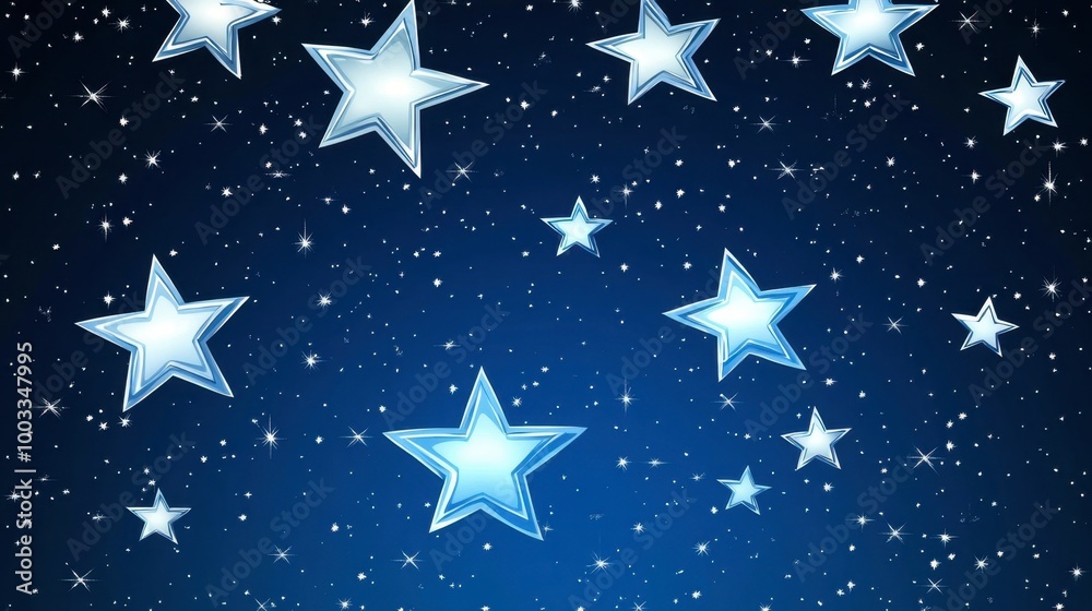 Bright white stars glowing in a deep blue abstract night sky background.