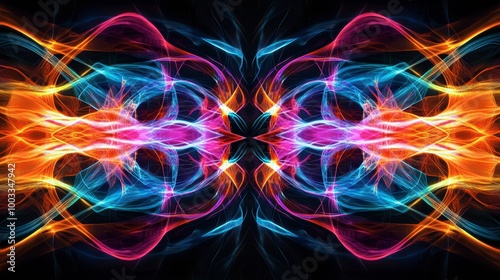 Bright neon light streaks crisscrossing over a black background, creating an energetic abstract pattern. photo