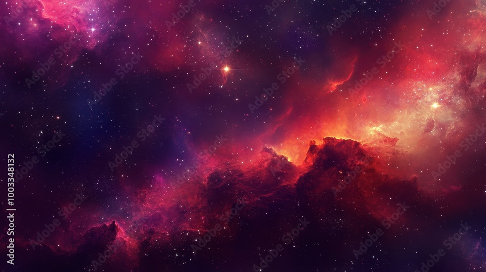 A cosmic scene of a nebula in shades of red and purple, with bright stars scattered throughout the ethereal gas clouds. A cosmic scene of a nebula in shades of red and purple, with bright stars scattered throughout the ethereal gas clouds.
