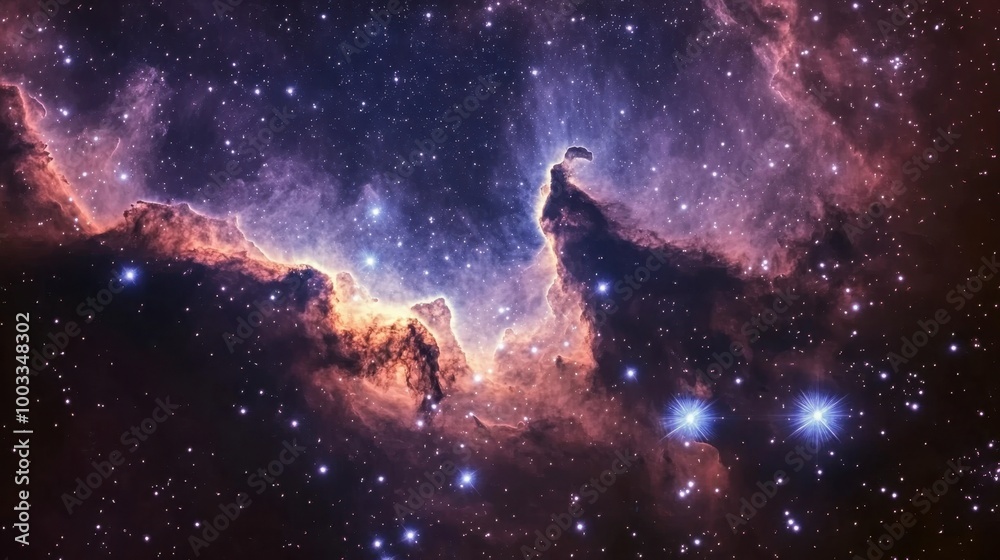 Fototapeta premium A dark nebula, casting shadows over bright stars, creating an eerie and mysterious space scene.
