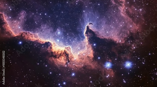 A dark nebula, casting shadows over bright stars, creating an eerie and mysterious space scene.