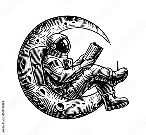 astronaut sitting on a crescent moon and reading book engraving black and white outline