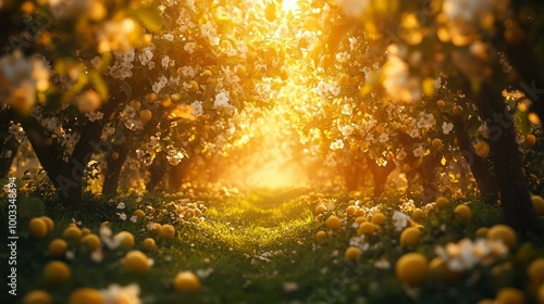 A picturesque orchard in a ring, trees covered in blossoms and fruit, creating a natural halo of abundance, soft light filtering through the canopy