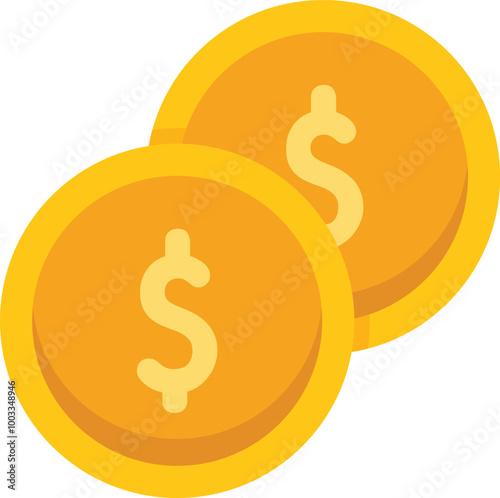 This vector illustration features two gold coins with a dollar sign, representing concepts like wealth, savings, and financial success