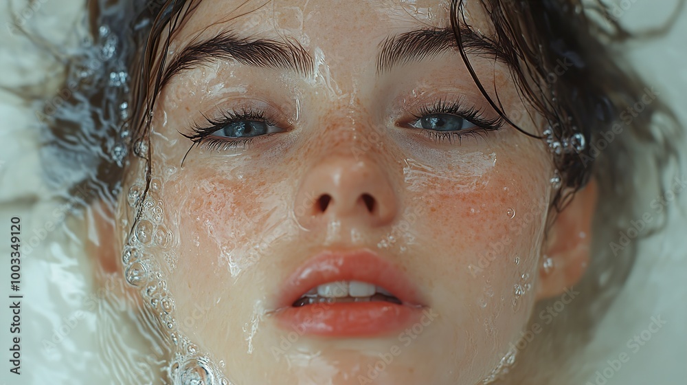 Close Up Portrait of a Woman's Face Covered in Water Close Up Portrait of a Woman's Face Covered in Water