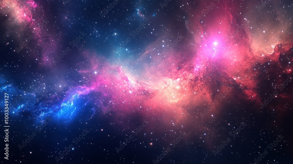 Fototapeta premium A vast nebula in deep space, with swirling pink, blue, and purple gases illuminated by bright stars.