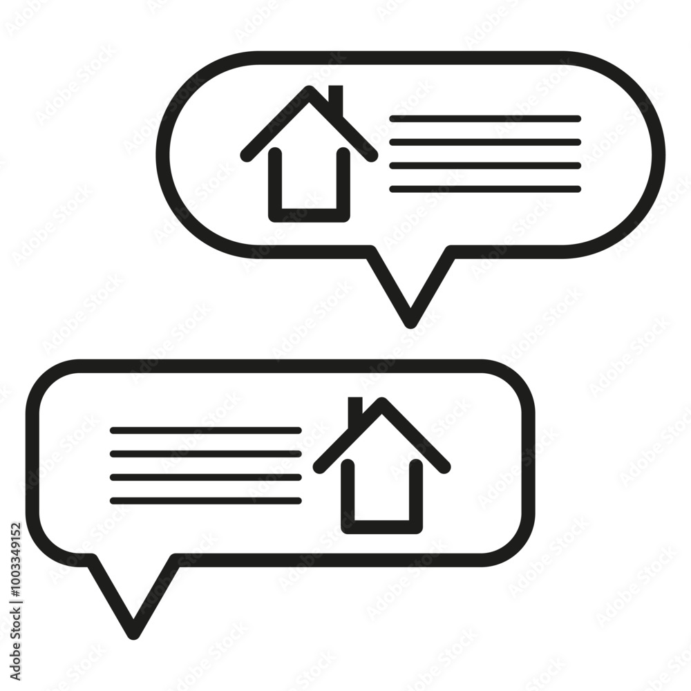 Real estate chat icon. House symbol in speech bubble. Communication vector concept. Minimalist black design. Real estate chat icon. House symbol in speech bubble. Communication vector concept. Minimalist black design.