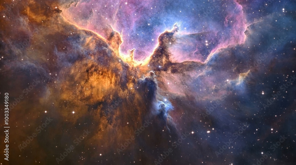 A vast nebula in deep space, with swirling pink, blue, and purple gases illuminated by bright stars. A vast nebula in deep space, with swirling pink, blue, and purple gases illuminated by bright stars.
