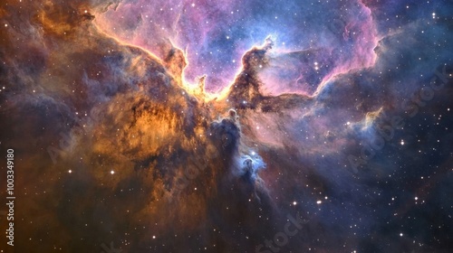 A vast nebula in deep space, with swirling pink, blue, and purple gases illuminated by bright stars.