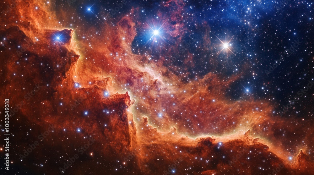 A vibrant red and orange nebula, with bright star clusters shining through the interstellar clouds. A vibrant red and orange nebula, with bright star clusters shining through the interstellar clouds.