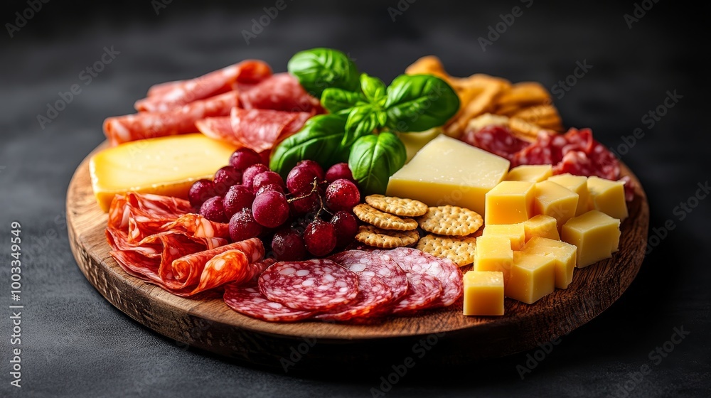 A round charcuterie board with a perfect geometric arrangement of meats, cheeses, fruits, and crackers, using vibrant colors and textures to create a visually stunning pattern. A round charcuterie board with a perfect geometric arrangement of meats, cheeses, fruits, and crackers, using vibrant colors and textures to create a visually stunning pattern.