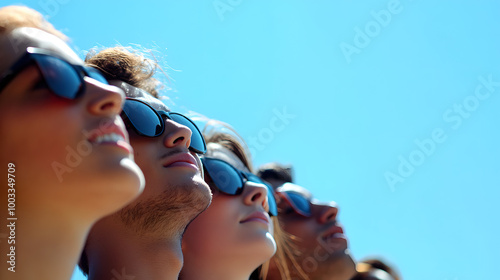 A photorealistic group of people wearing sunglasses looking up at the bright blue sky with sunlight casting soft shadows