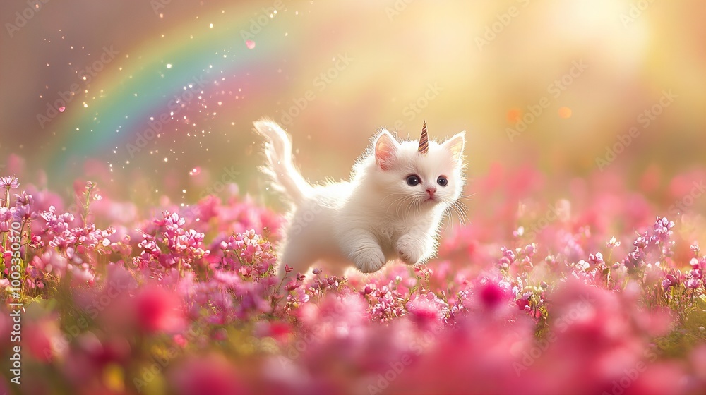 A white kitten with a unicorn horn leaps through a field of pink flowers. A white kitten with a unicorn horn leaps through a field of pink flowers.