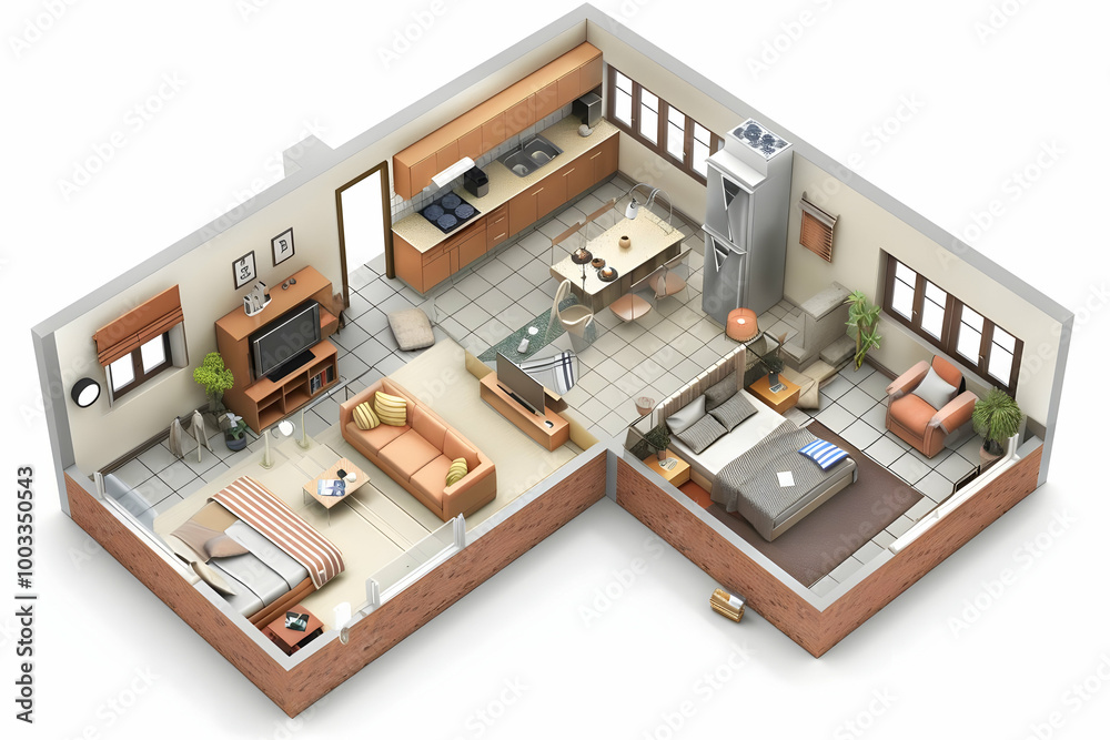3D Illustration of a Modern Apartment Interior Design with Kitchen, Living Room and Bedroom 3D Illustration of a Modern Apartment Interior Design with Kitchen, Living Room and Bedroom