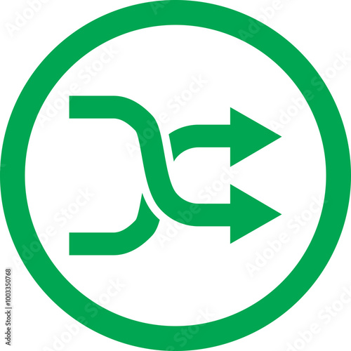 Shuffle Icon: Green shuffle icon, arrows, circle, button, interface, music player, media player, audio, sound, multimedia, playlist, random, mix, change, switch, digital, technology, design, symbol.