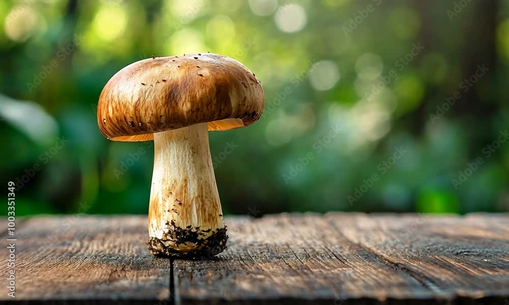 Single Mushroom on Wooden Surface Single Mushroom on Wooden Surface