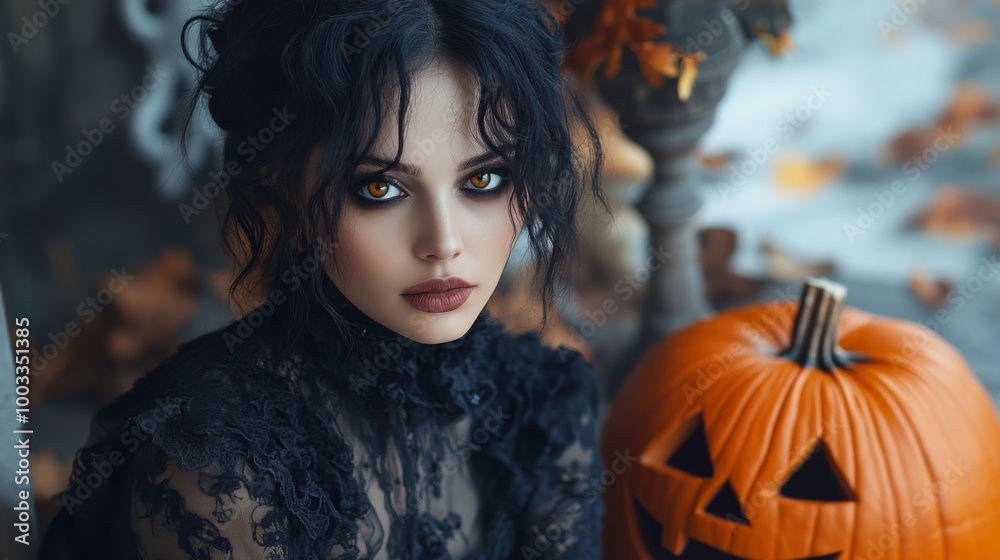 Dark Gothic Halloween Aesthetic with Pumpkins and Mysterious Girl Dark Gothic Halloween Aesthetic with Pumpkins and Mysterious Girl