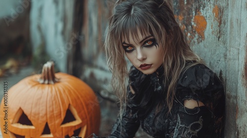 Dark Gothic Halloween Aesthetic with Pumpkins and Mysterious Girl