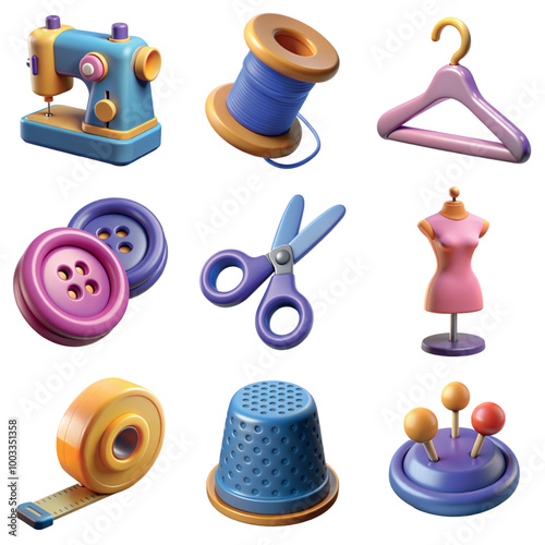 Sewing 3d icons set including spool of threads, sewing machine, scissors, needle, hanger, buttons