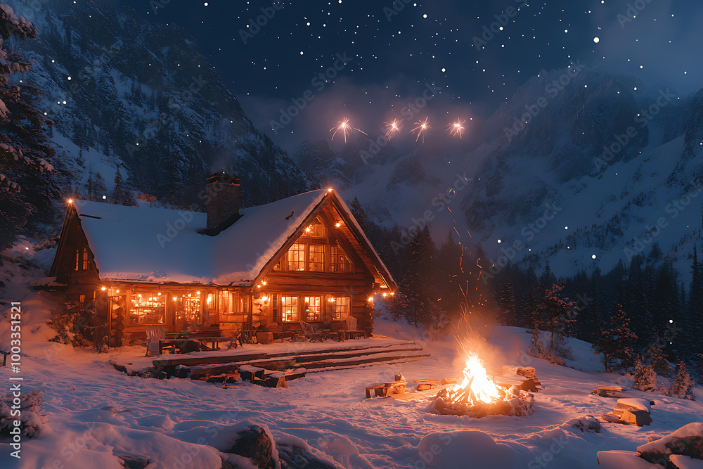 A cozy mountain cabin glowing warmly in the snow, surrounded by a bonfire and fireworks under a starry sky with gentle snowfall. Magical winter ambiance.
A cozy mountain cabin glowing warmly in the snow, surrounded by a bonfire and fireworks under a starry sky with gentle snowfall. Magical winter ambiance.