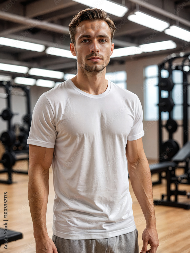 portrait of a man with casual white t-shirt in gym interior portrait of a man with casual white t-shirt in gym interior