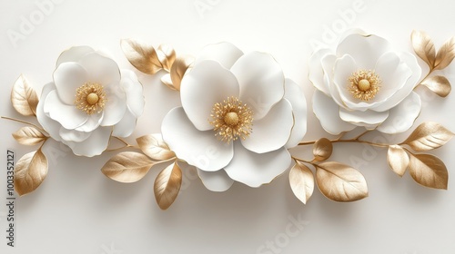 White gold flower collection, highly detailed petals and leaves, isolated on a pure white background, realistic texture with soft shadows, luxury elegance