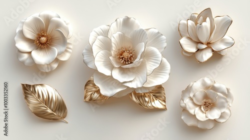 White gold flower collection, highly detailed petals and leaves, isolated on a pure white background, realistic texture with soft shadows, luxury elegance