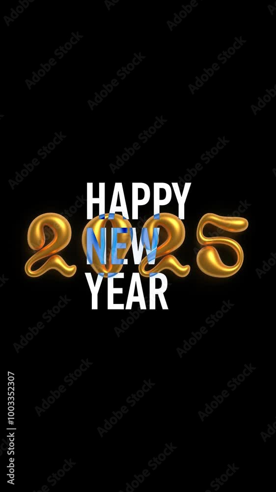 Vertical 4K video. Gold shiny bright shining hand drawn volumetric 3D liquid numbers 2025 falling on black background. White text Happy New Year. Animation. Bold font. Letter. Design element. Holiday Vertical 4K video. Gold shiny bright shining hand drawn volumetric 3D liquid numbers 2025 falling on black background. White text Happy New Year. Animation. Bold font. Letter. Design element. Holiday
