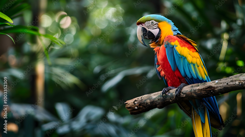 Vibrant parrot with green, yellow, and blue feathers sitting on a tree branch in sunlight. Vibrant parrot with green, yellow, and blue feathers sitting on a tree branch in sunlight.