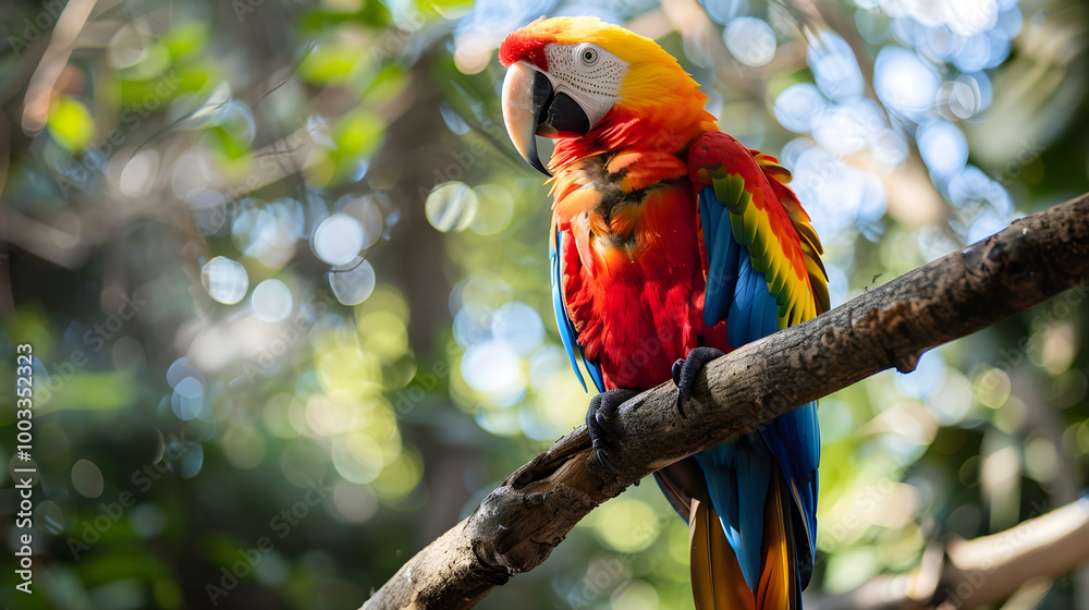 Obraz premium Vibrant parrot with green, yellow, and blue feathers perched gracefully on a tree branch.