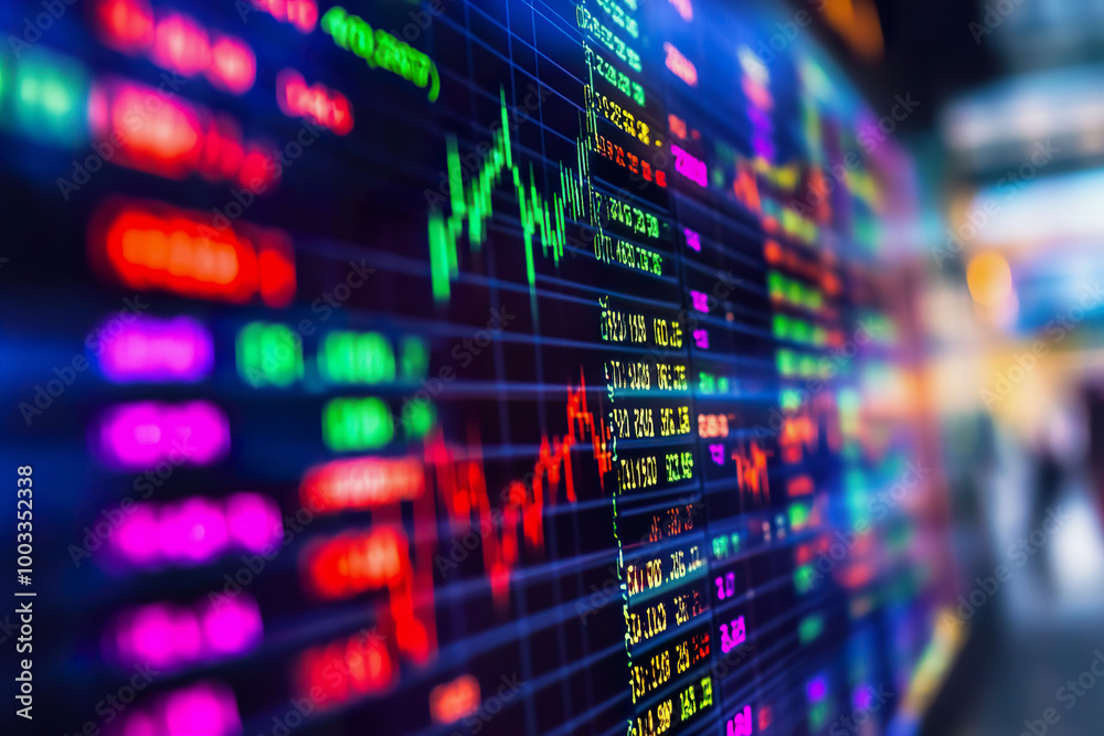 Close up view of a stock trading display showing graphs and numerical data in real time Close up view of a stock trading display showing graphs and numerical data in real time