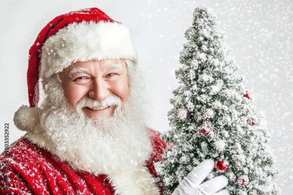Santa holding a Christmas tree against golden lights brings festive warmth, ideal for holiday marketing or seasonal greeting cards. Santa holding a Christmas tree against golden lights brings festive warmth, ideal for holiday marketing or seasonal greeting cards.