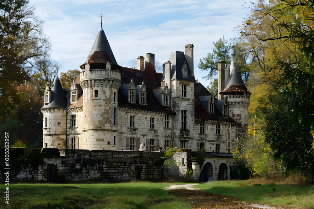 Stone Castle with Conical Towers in a Green Field - Realistic Image Stone Castle with Conical Towers in a Green Field - Realistic Image