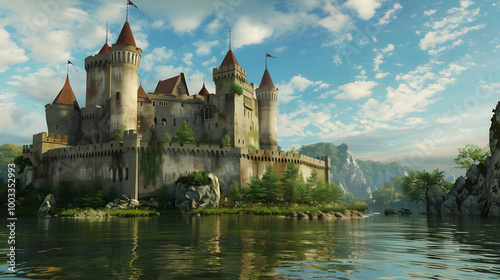 Fantasy Medieval Castle on a Lake Illustration