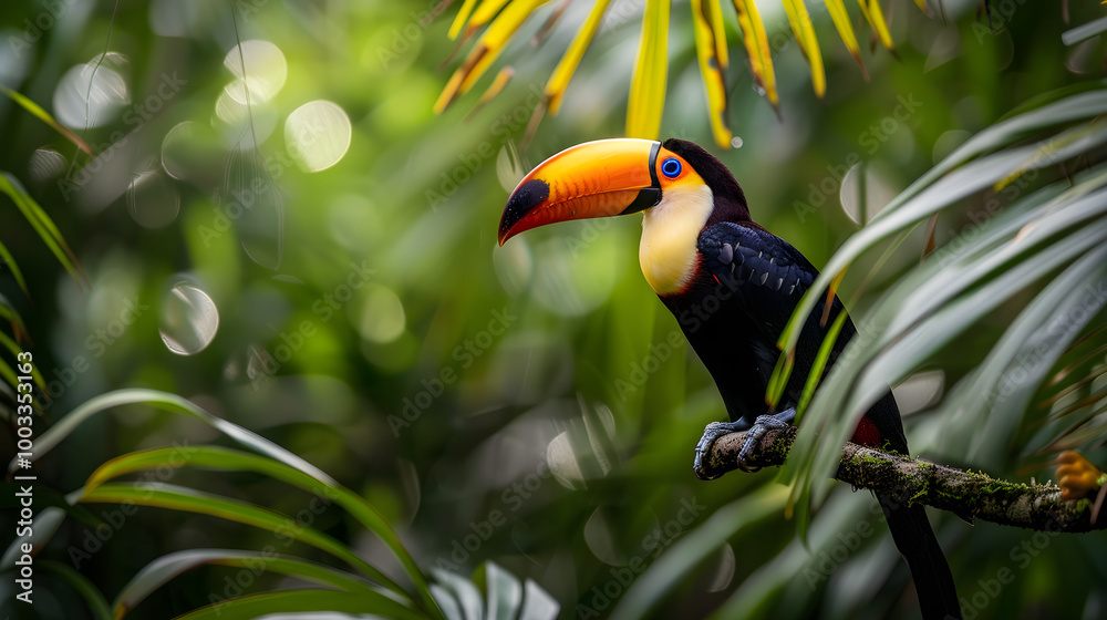 Obraz premium Vibrant toucan with a rainbow beak perched among lush green leaves in a tropical setting.