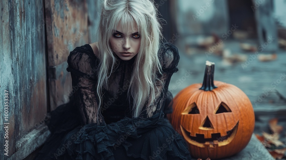 Dark Gothic Halloween Aesthetic with Pumpkins and Mysterious Girl Dark Gothic Halloween Aesthetic with Pumpkins and Mysterious Girl